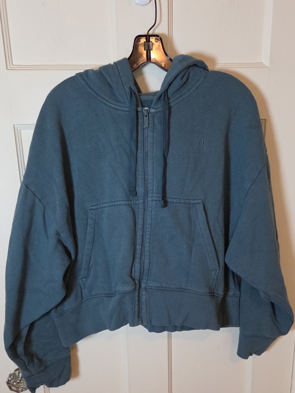 Calvin Klein Women's Relaxed Fit Zip Up Hoodie In Dark Teal Size Large